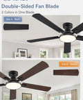 52 Inch Ceiling Fan With Lights Super Easy To Use Low Profile Flush Mount Black 6 Speeds Quiet DC Motor double-sided blades