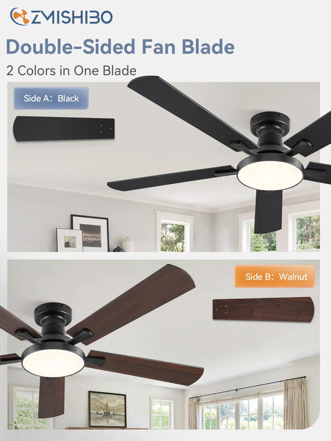52 Inch Ceiling Fan With Lights Super Easy To Use Low Profile Flush Mount Black 6 Speeds Quiet DC Motor double-sided blades
