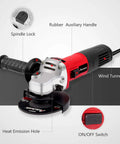 Premium Heavy Duty 4 1/2 Inch Angle Grinder With A Badass 7.5 Amp Motor showing spindle lock and ergonomic handle features.