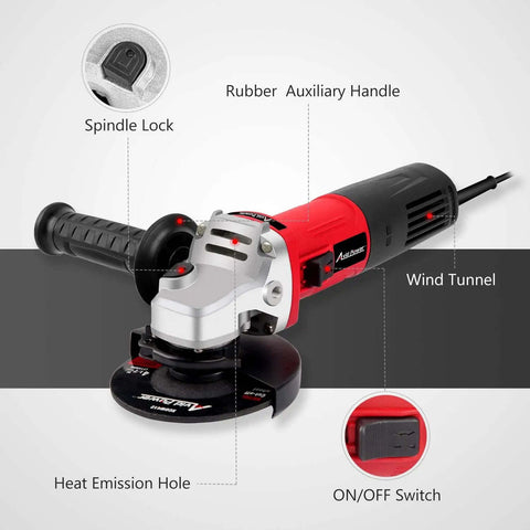 Premium Heavy Duty 4 1/2 Inch Angle Grinder With A Badass 7.5 Amp Motor showing spindle lock and ergonomic handle features.