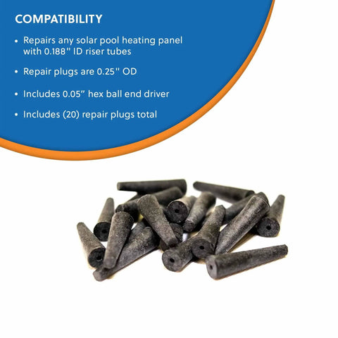 Universal Solar Pool Heater Repair Kit with 0.25 inch plugs and hex driver for fixing leaky solar panels