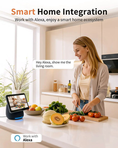 Woman using Alexa-enabled device in kitchen, smart home interaction with fruits and vegetables on the counter.