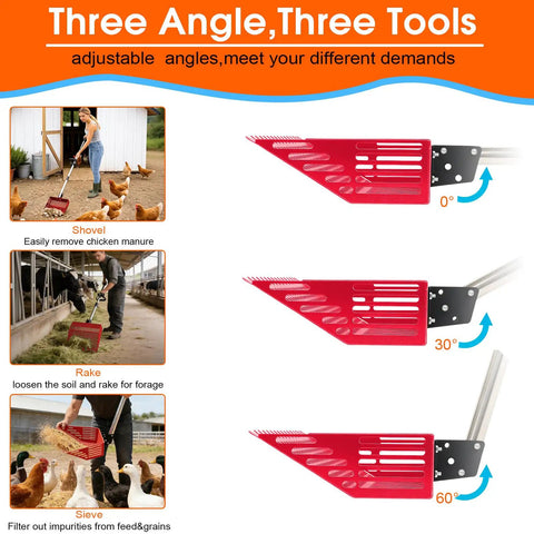 2-In-1 Chicken Poop Scooper And Rake With Adjustable Angle And Handle Sand Sifter Shovel For Poultry Coop And Small Farm Animals Long 63 Inch Reach No Fuss Cleanup Of Messy Coop Floors, showing three adjustable angles 0°, 30°, 60° with red rake and user examples