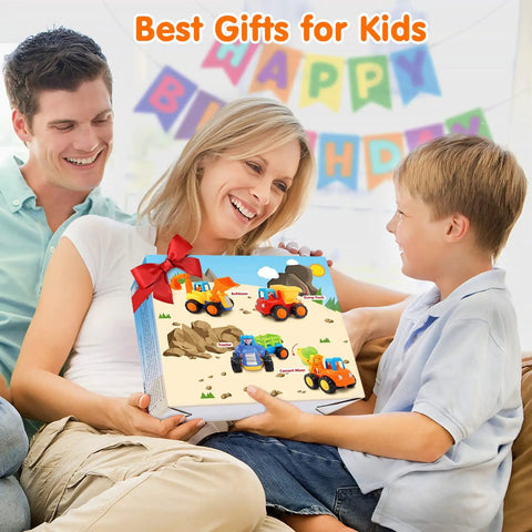 Family gifting Inertia Friction Powered Construction Vehicle Set Push And Go Toys Four Pack Kid Friendly For Toddlers And Kids.