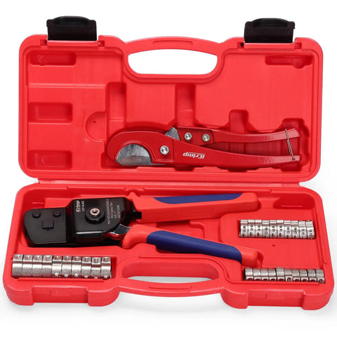 One Hand PEX Cinch Tool Kit With Cutter And Go No Go Gauge Includes Twenty Half Inch Clamps And Ten Three Quarter Inch Clamps In A Molded Case Meets ASTM F2098 All In One Crimping Set For Home Plumbing