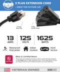 3 plug extension cord with 3-prong male plug and 3-plug female outlet, 2 Pack 50 Foot Outdoor Extension Cord With 3 Outlets Weatherproof 16 3 SJTW Heavy Duty Power Cable For Lawn Garden Leaves Blowers Lighting And More Built For Tough Outdoor Use