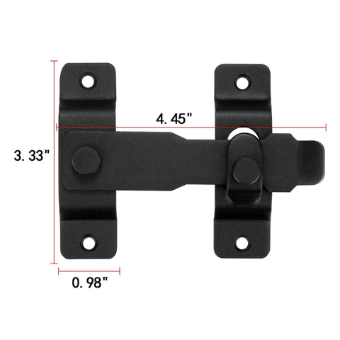 Matte Black Stainless Steel Barn Door Latch 4.33 By 3.23 Inch Tough As Nails Heavy Duty Flip Door Lock, measured dimensions shown