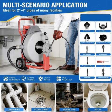 Ten Piece Drain Snake Drill Attachment And Heavy Duty Auger Cutter Kit Compatible With K400 C4 C6 C7 C8 C9 Machines Featuring 5 8 Inch Cable Heads at work on pipes.