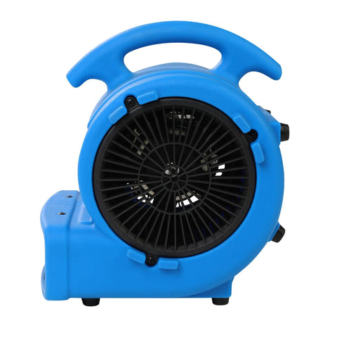 Blue Powerhouse 1/8 HP Air Mover With 600 CFM Floor Dryer, side view showing handle and ventilation fan.