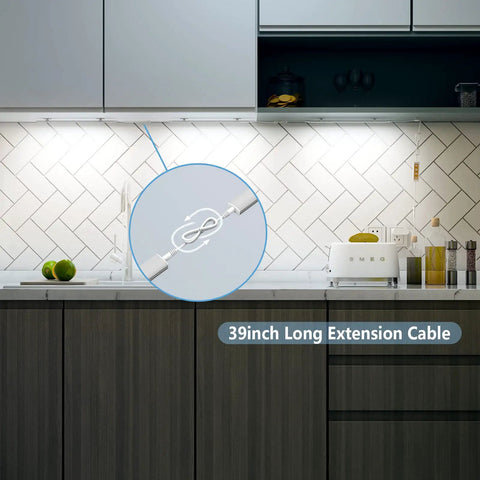 Kitchen cabinet with Three Pack 12 Inch Linkable Under Cabinet LED Light Strips and 39-inch extension cable visible