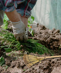 Solid Bamboo Garden Rake For Sandboxes And Landscaping beside gardener pulling weeds, lightweight eco-friendly yard tool
