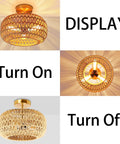 Boho Rattan Ceiling Light Fixture 3 Light 12.6 Inch Antique Brass Handmade Woven Semi Flush Mount in display, on and off view.