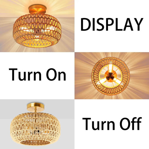 Boho Rattan Ceiling Light Fixture 3 Light 12.6 Inch Antique Brass Handmade Woven Semi Flush Mount in display, on and off view.