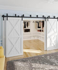 13 Ft Four Door Double Track Bypass Sliding Barn Door Hardware Kit With Four 6.5 Ft Rails, Junction Plates, Spacers And Rollers
