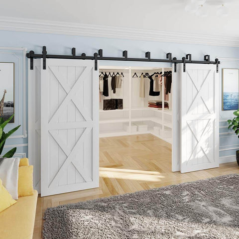 Four Door 15Ft Double Track Bypass Sliding Barn Door Hardware Kit installed on white doors, doors not included