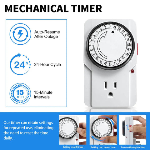 Mechanical timer with 24-hour cycle detail for Indoor Greenhouse With Full Spectrum 5000K LED Grow Light Three-Foot Wide Grow Space
