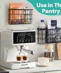 Two Pack Self Adhesive Cabinet Door Organizer For Pot Lids And Tumbler Cups No Mess Peel Stick Pantry Caddy Super Slick Kitchen Wall Mount Rack keeps drinks and snacks organized above a coffee machine.