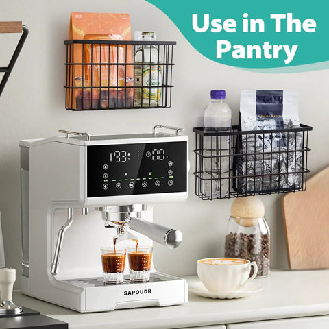 Two Pack Self Adhesive Cabinet Door Organizer For Pot Lids And Tumbler Cups No Mess Peel Stick Pantry Caddy Super Slick Kitchen Wall Mount Rack keeps drinks and snacks organized above a coffee machine.