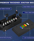Open 7 way trailer junction box with weatherproof cover showing color-coded studs and sticker for RV wiring