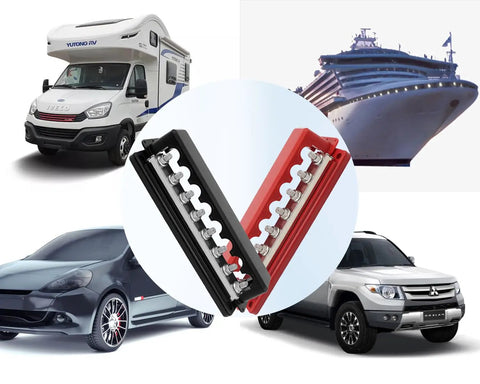 Heavy Duty 600A Power Distribution Block Built Like A Tank With Eight M10 Terminal Studs For Marine Automotive RV Truck And Car Battery Wiring And Repairs Setup, with vehicles in the background.