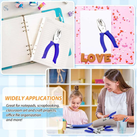 Four Pack Shape Hole Punch Set With Soft Grip For Binder Scrapbooking And Cards shown in use for crafts and organization.