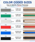60 Piece Plastic Glazing Blocks And Flat Shims Three Sixteenths To Fifteen Sixteenths Inch color coded size guide with thickness options.