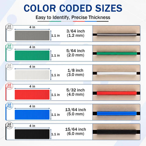 60 Piece Plastic Glazing Blocks And Flat Shims Three Sixteenths To Fifteen Sixteenths Inch color coded size guide with thickness options.