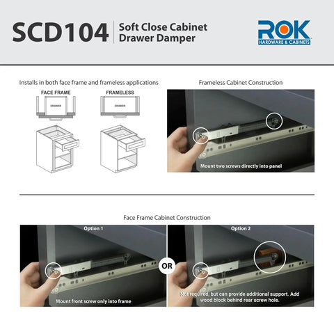 Installation guide for 2 Pack Soft Close Drawer Dampers For Wood Drawers, suitable for face frame and frameless cabinets, SCD104W.