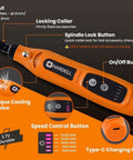 HARDELL mini cordless rotary tool side view, 4V orange with 5-speed control and 42-piece accessory kit