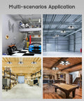 Ultra Bright 200W LED Garage Lights 4 Pack, 20000LM Daylight 6500K, Linkable Shop Light installed in various settings