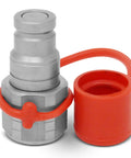 Summit Hydraulics 3/8 in flat-face hydraulic quick-connect coupler with red dust-cap and tether, 3/8 in NPT thread