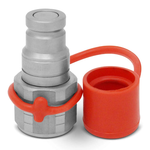 Front view of Summit Hydraulics 3/8in flat-face hydraulic quick-connect coupler with dust caps, 1/2in NPT thread