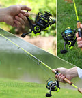 Lightweight Spinning Reel With Ultra Smooth Action For Saltwater And Freshwater 20 Lb Drag Five Point Two To One Gear Ratio Durable Yet Comfortable For All Day Fishing And Quick Line Handling shown in various angles while fishing