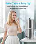 Woman drinking water near Gravity Water Filter Replacement For Berkey BB9 2 Black Carbon Filter in kitchen