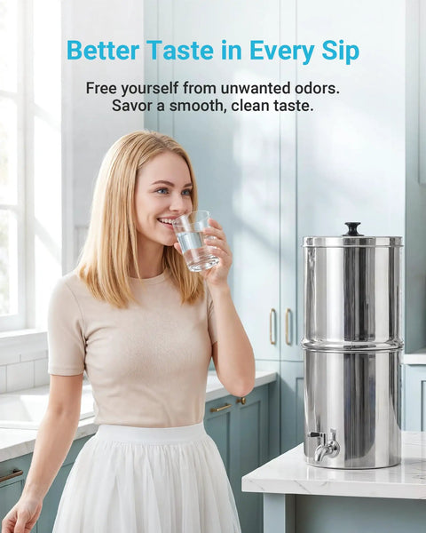 Woman drinking water near Gravity Water Filter Replacement For Berkey BB9 2 Black Carbon Filter in kitchen