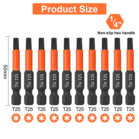 Image showing Pro Torx T25 Screwdriver Bit Set Ten Pieces With Fifty Millimeter Length And One Quarter Inch Hex Shank.