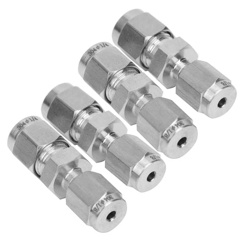 4Pack 304 Stainless Steel Compression Fittings Straight Double Ferrule Tube Adapter 1/8Inch To 1/4Inch Pipe Reducer Connector shown from above