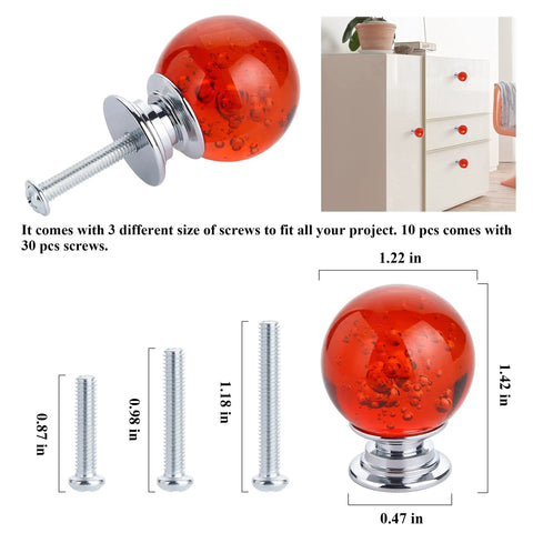 Ten Pack Of Slick Red Crystal Glass Bubble Cabinet Knobs Round Drawer Pulls And Dresser Handles For Kitchen Cupboards With Zero Hassle Mounting Hardware 30 mm Size with chrome screw and dimensions displayed