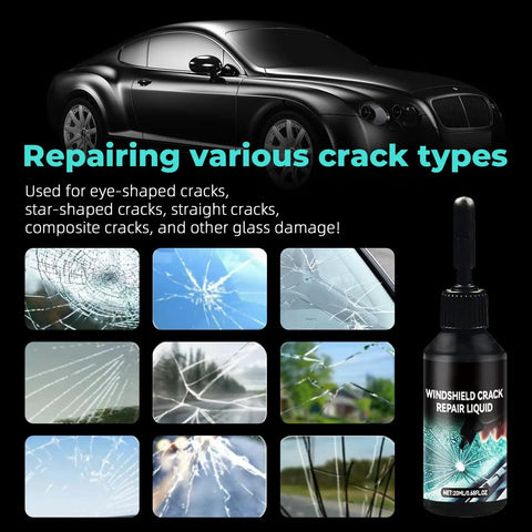 All Purpose Windshield Crack Repair Kit With 5 Minute Quick Glass Liquid for all crack types, 0.68 fl oz bottle next to vehicle