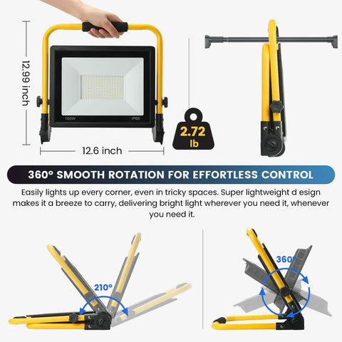 Ultra Bright 12000 Lumen LED Work Light with 128 LEDs Portable Flood Light showing dimensions, weight, and rotation angles.