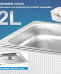 2L Ultrasonic Jewelry Cleaner stainless steel tank with basket, highlighting digital timer and heater, for cleaning small items.