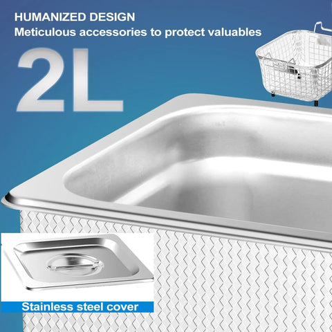 2L Ultrasonic Jewelry Cleaner stainless steel tank with basket, highlighting digital timer and heater, for cleaning small items.