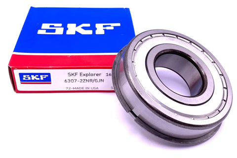 Deep Groove Ball Bearing 6307 ZZ NR GJN Workhorse 35x80x21 mm with metal shielding and snap ring in front of box