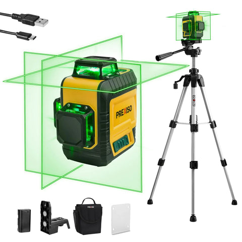3 X 360 Degree Laser Level with tripod and accessories, rechargeable, 82 ft cross line green laser, for construction use.