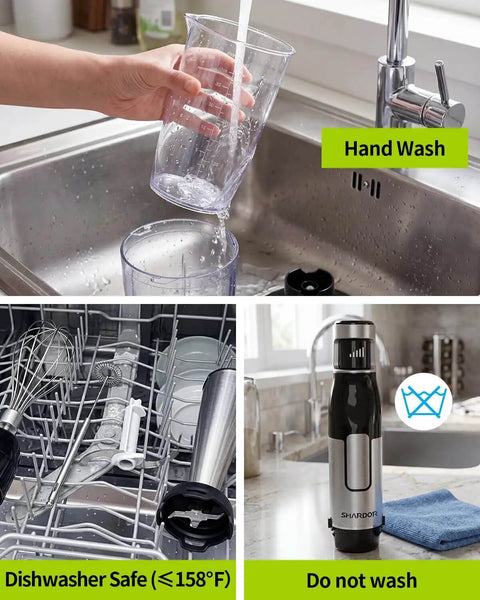 Hand washing the measuring beaker of No Fuss Killer Handheld Immersion Blender With Pure Copper Motor And Variable Speed Controls.