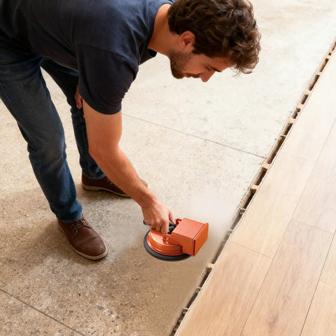Person using Pro Grade Floor Suction Cup Tool For Tile And Plank Installations No Slip Strong Vacuum Adhesion on floor seam