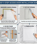 Easy 4-step installation guide for Solid Galvanized Steel Crawl Space Access Panel with No Fuss Thumb Screw.