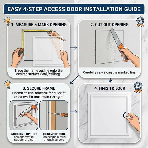Easy 4-step installation guide for Solid Galvanized Steel Crawl Space Access Panel with No Fuss Thumb Screw.