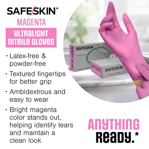 SAFESKIN magenta ultralight nitrile gloves, large, 100-count box, latex-free and powder-free