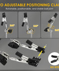 Two adjustable clamps of heavy base circuit board holder with 360-degree rotation demonstrated in multiple angles for soldering and electronics repair.